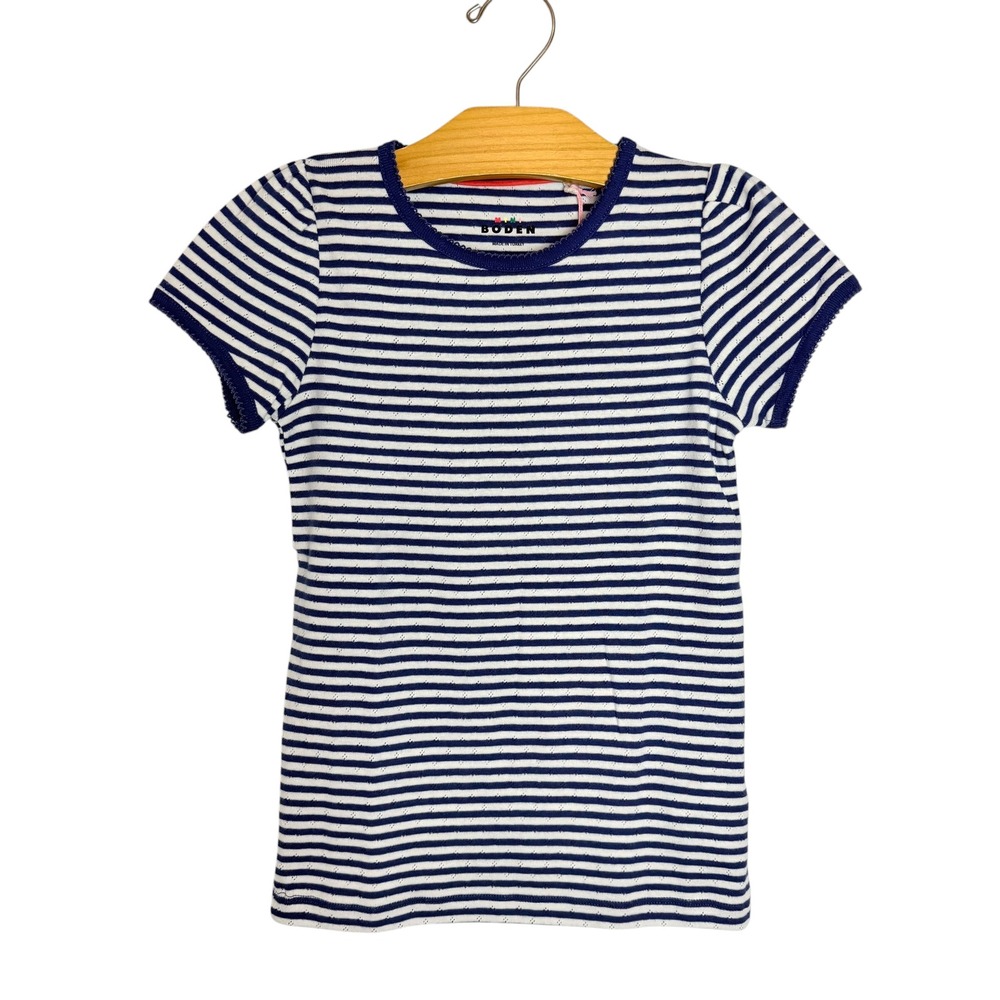 NWT Mini Boden Girls Blue White Striped Pointelle Cotton Tee Shirt Size 8-9Y